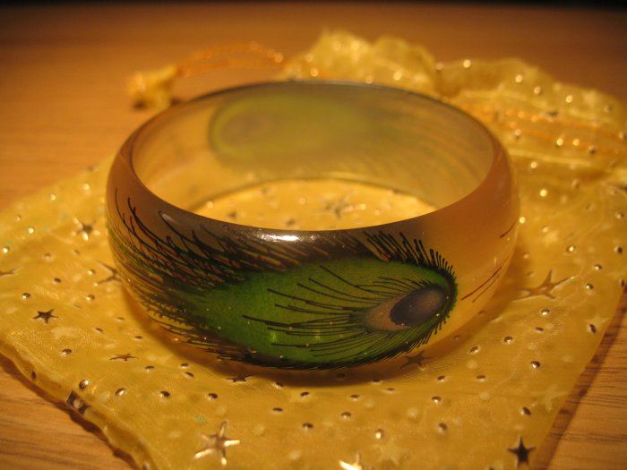 Handpainted Peacock Feather motif acrylic bangle (£8.50)