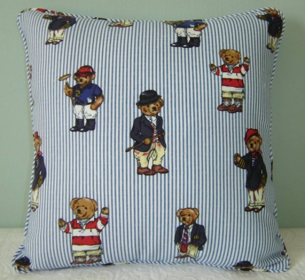 RALPH LAUREN 16"X16" TEDDY BEAR STRIPE PILLOW WITH SELF COVERED PIPING