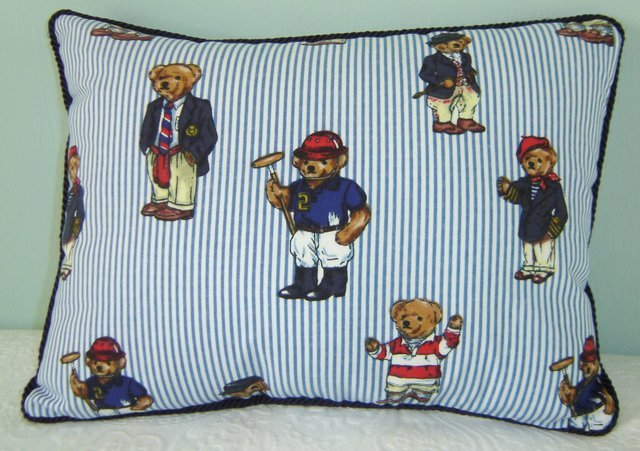 RALPH LAUREN 12X16 TEDDY BEAR STRIPE PILLOW WITH DECORATIVE CORDING