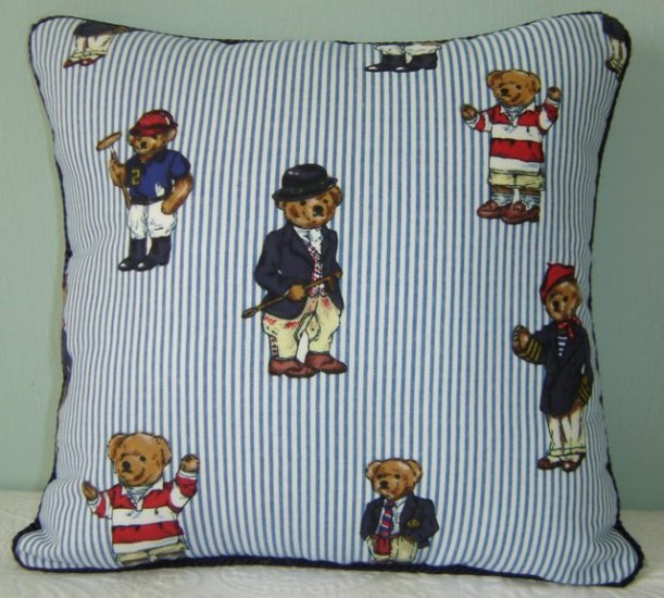 RALPH LAUREN 16"X16" TEDDY BEAR STRIPE ACCENT PILLOW WITH DECORATIVE CORDING