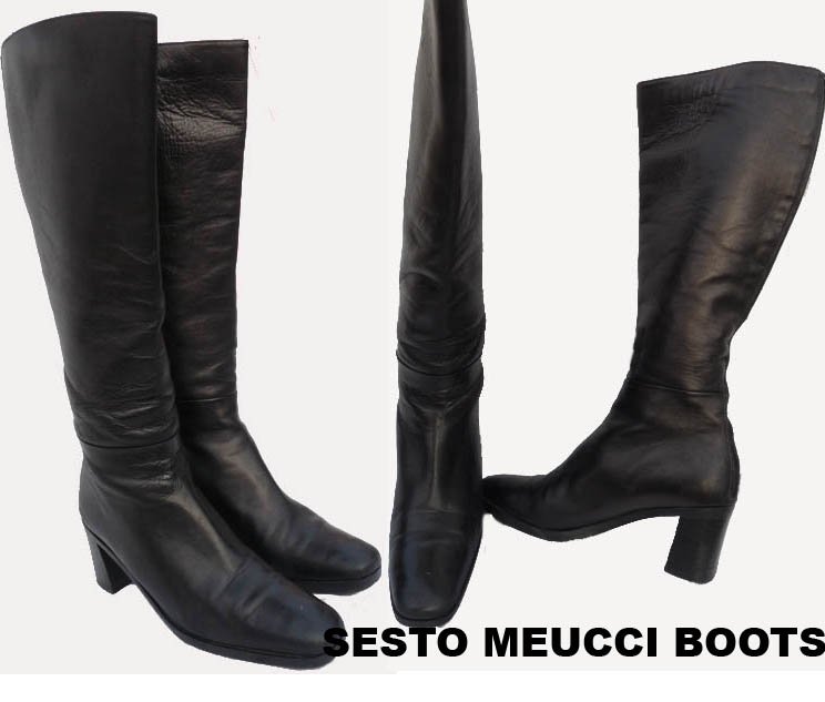 Womens black leather boots 8 - 8.5 Sesto Meucci Knee high 8 heels Italian