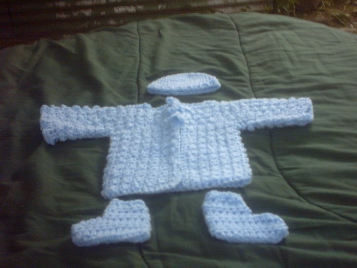 PREEMIE BLUE SWEATER, HAT, BOTTIES