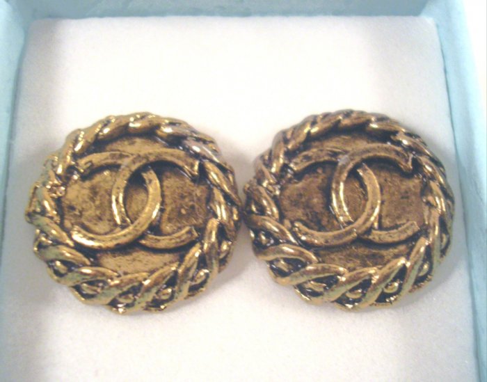 Vintage Designer CC Logo Button Pierced Earrings Antique Gold