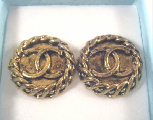 Vintage Designer CC Logo Button Pierced Earrings Antique Gold