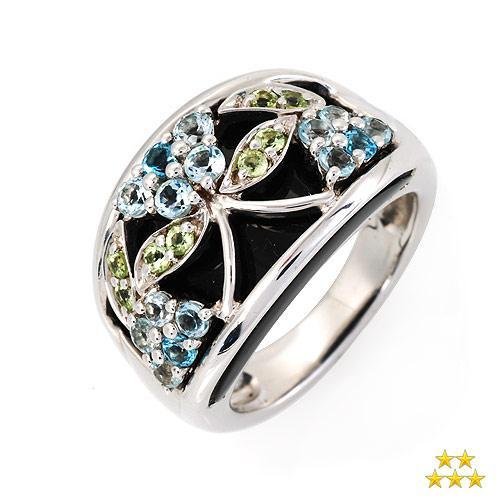 Genuine Aquamarines, Onyxes, Peridots and Topaz Ring