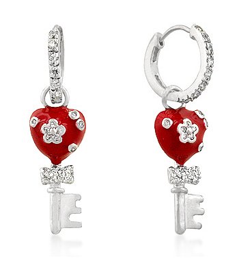 White GP Red Enamel and Pave CZ Heart Key Charm Earrings