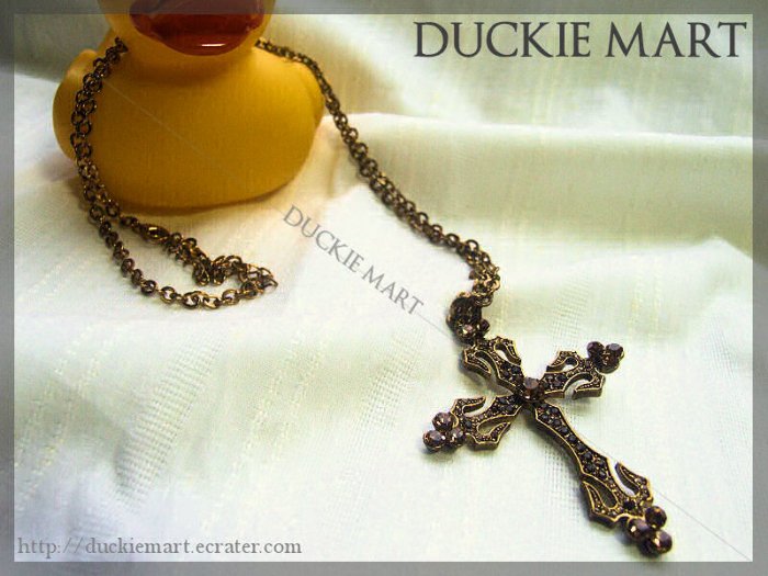 BRAND NEW Gothic Bronze Crystal and Rhinestone Cross Necklace