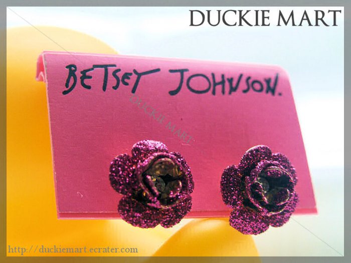BRAND NEW Betsey Johnson Glittering Fushia Rose Stud with Crystal Centre