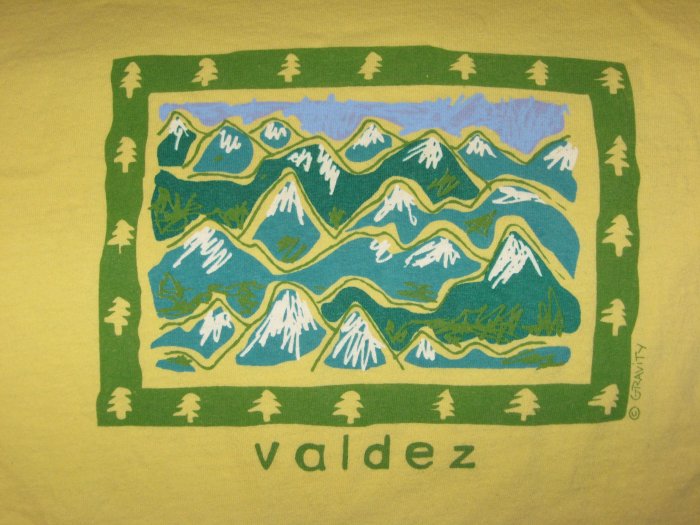 Valdez Alaska AK Mountain Scene Yellow T-Shirt Size Large