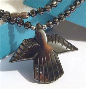 Healing HEMATITE STONE PHOENIX BIRD Pendant Necklace