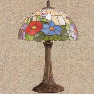 Red Blue Stained GLASS Table Lamp Flowers 11 x 19"
