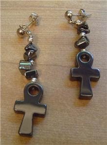 REAL BLACK HEMATITE SOUTH GOTHIC CROSS Pendant EARRINGS