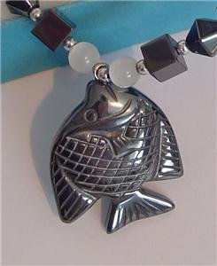 Real BLACK HEMATITE Pendant Necklace FISH BLUE QUARTZ