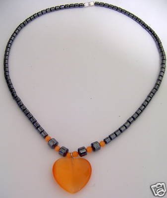ORANGE QUARTZ HEART Pendant NECKLACE Black Hematite
