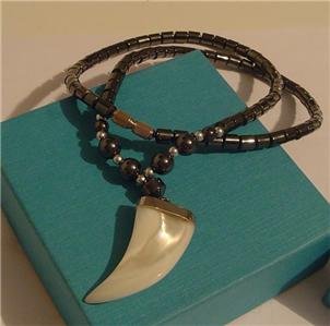 Healing HEMATITE White Shell HORN Pendant Necklace