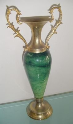 13" Vintage Heavy Green Vase w Gold Tone Brass Handles