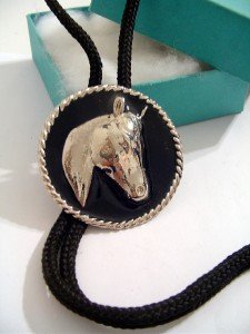HORSE Head ROUND Black Enamel BOLO TIE WESTERN NECKLACE
