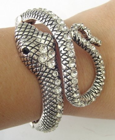 SILVER TONE SNAKE BRACELET BANGLE CLEAR RHINESTONES