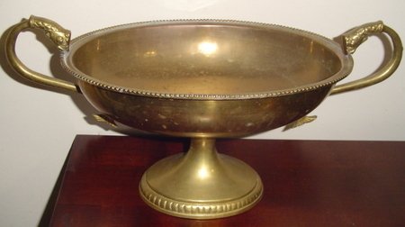 VINTAGE BRASS Heavy OVAL BOWL Vase w Snake Head HANDLES