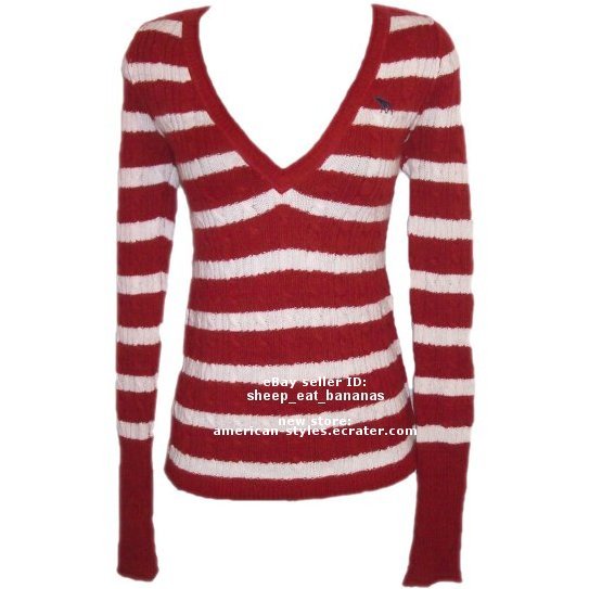 ABERCROMBIE & FITCH "Heather" angora v-neck stripe pull-over sweater jumper - Red / Medium M