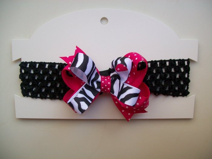 Pink Zebra Print Hair Bow and Headband Set - Hot Pink and Black Polka Dots