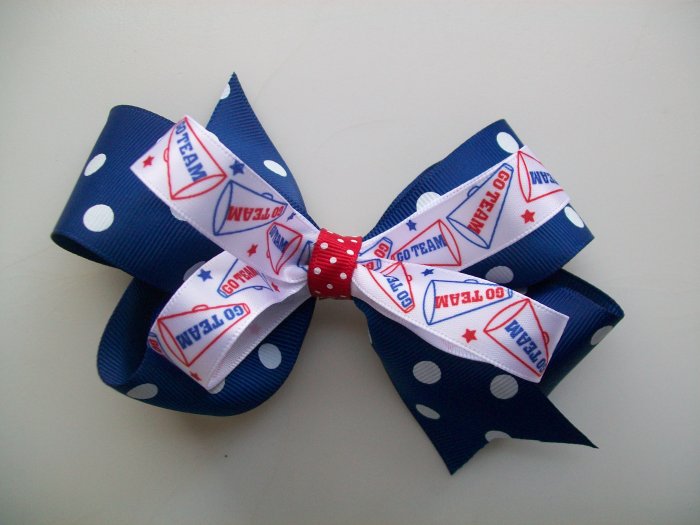 Royal Blue & Red Polka Dotted Hair Big Bow - 4.5 Inch - School Spirit, Great for Cheerleading