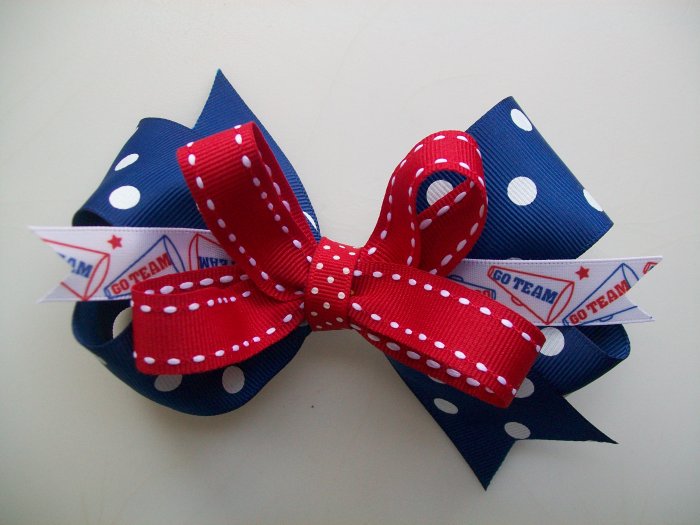 Royal Blue & Red Polka Dotted Hair Big Bow - 4.5 Inch - School Spirit, Great for Cheerleading