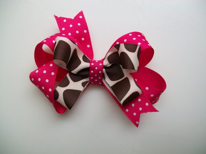 Pink & Brown Polka Dot Giraffe Print Stacked Hair Bow - Medium Size 3.5" Wide