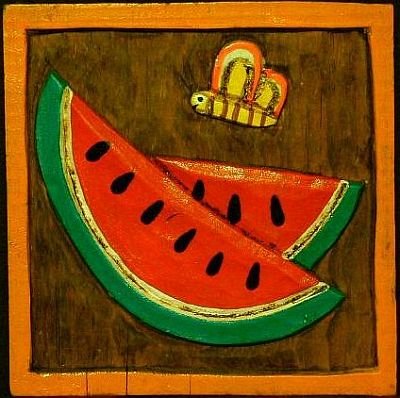 Two Primitive WOOD CARVINGS Bees, Watermelon, Flower FOLK ART