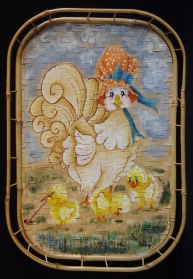 HEN and CHICKS Original Painting on Wicker Basket Tray CHICKENS by D. Vie