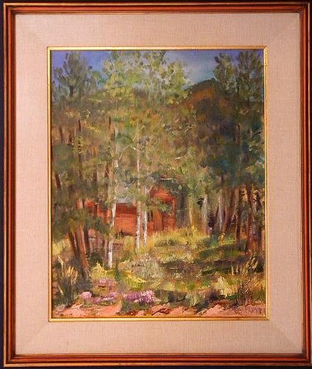 ASPEN and PINE Forest, Oil Painting, Mountain Landscape with Secluded Cabin, by FCA Parker