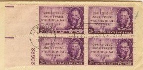Joseph Pulitzer 3 cent Stamp Block of 4 Plate Number FDI SC 946 First Day of Issue