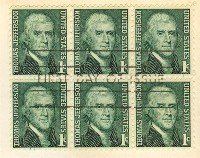 Thomas Jefferson 1 cent Stamp Block of 6 FDI SC1278 First Day Issue