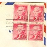Thomas Jefferson 2 cent stamp Block of 4 FDI SC 1033 First Day Issue