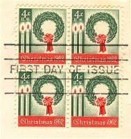 1962 4 cent Christmas Wreath Stamp Block of 4 FDI SC 1205 First Day Issue