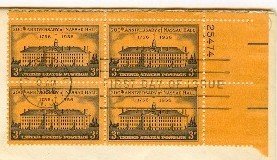 200th Anniversary Nassau Hall Princeton 3 cent Stamp Block 4 Plate Numb FDI SC 1083 First Day