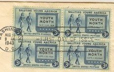 Salute to Youth 3 cent Stamp Block of 4 FDI SC 963 First Day Issue