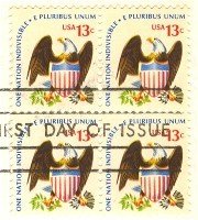 Eagle and Shield 13 cent Stamp Block of 4 Americana Issue FDI SC 1596 First Day Issue