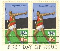 Javelin Thrower Decathlon Olympics 10 cent Stamp Horizontal Pair FDI SC 1790 First Day Issue