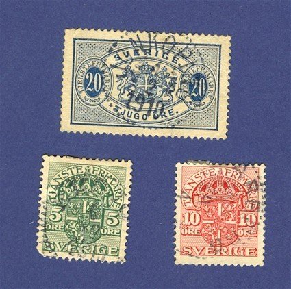 Sweden 3 Official Stamps from 1891 to 1912 Packet No 3682