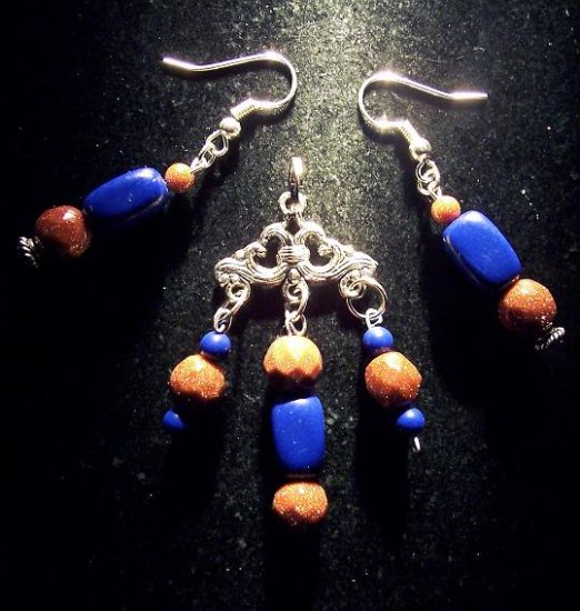 Lapis Lazuli/Red Goldstone/Tibetan silver 3pc set: earrings & pendant