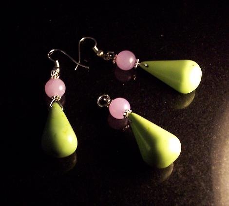 African Green Turquoise/Purple Jade/Sterling silver plated 3pc set: earrings & pendant
