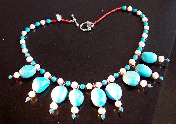 Turquoise/Salt water pearl's/Red sea corals/Tibetan silver Neclklace.18"