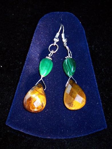 Tiger's Eye/Russian Malachite/silver plated set,earrings & pendant