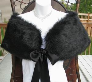 Black Faux Mink Fur Shawl With Bows
