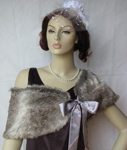 Grey Faux Fox Fur Bridal Stole Shawl
