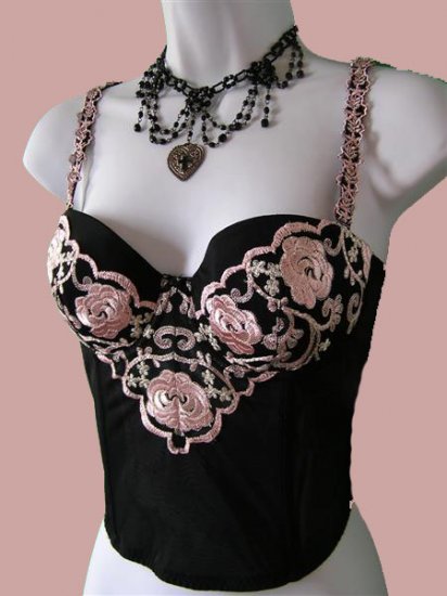 VICTORIAN Black PINK Embroidered Bustier Garter BELTS 34C