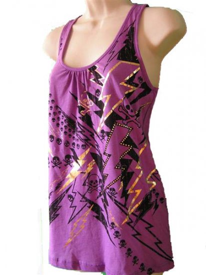 MORBID THREADS HOT TOPIC Purple FOIL Skull BOLT PUNK TUNIC Tank Tee L