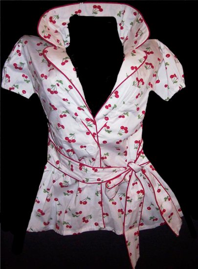 WHITE RED CHERRY ROCKABILLY Belted CAREER Jacket Dress COAT Blazer Top S
