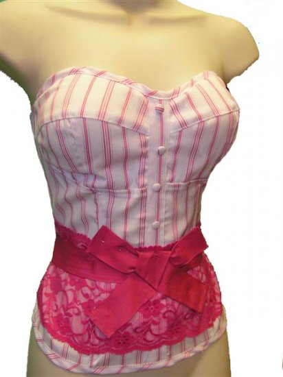 White PINK Lacey Pinstripe Padded Bustier Corset CLUB TOP Large